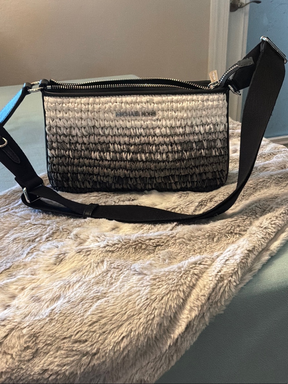 Michael Kors Ombre Black to White Woven Crossbody Bag